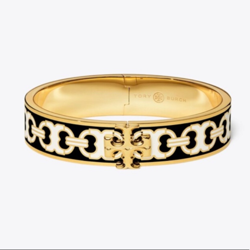 Tory Burch Gold/Black/New Ivory Kira Printed Enamel 14MM Bracelet. OS.